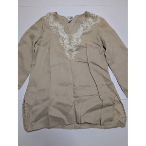 Allison Taylor Womens Beige 100% Linen Embroidered V-Neck Tunic Top Large
